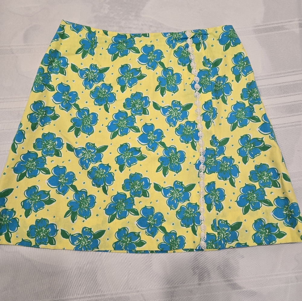 VINTAGE white Label Lilly Pulitzer Yellow and Blue Floral A-Line Skirt, MINT!